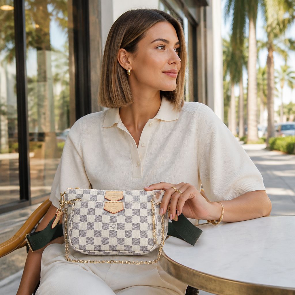 Cream/light gray checker, green-black strap — lifestyle photo in Los Angeles.