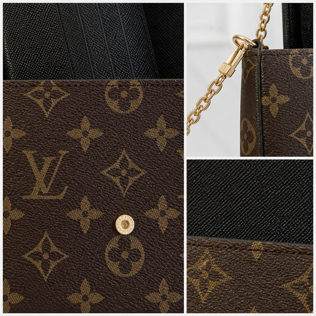 Brown monogram with black inserts — close-up details of material, pattern and hardware.