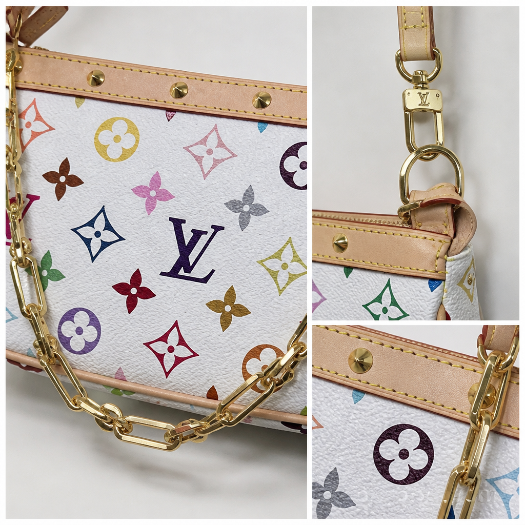 White multicolor monogram — close-up details of material, pattern and hardware.