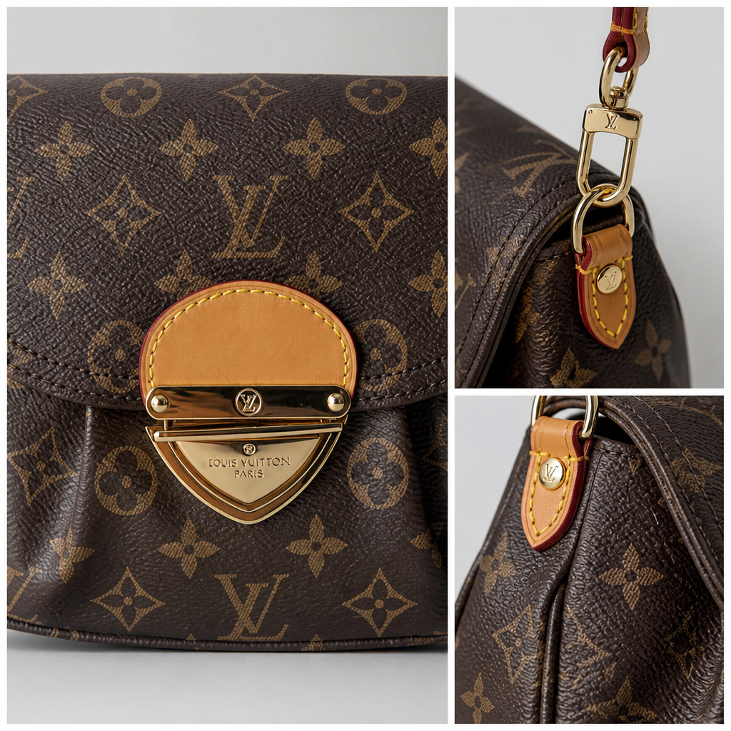 Brown monogram with tan front tab — close-up details of material, pattern and hardware.
