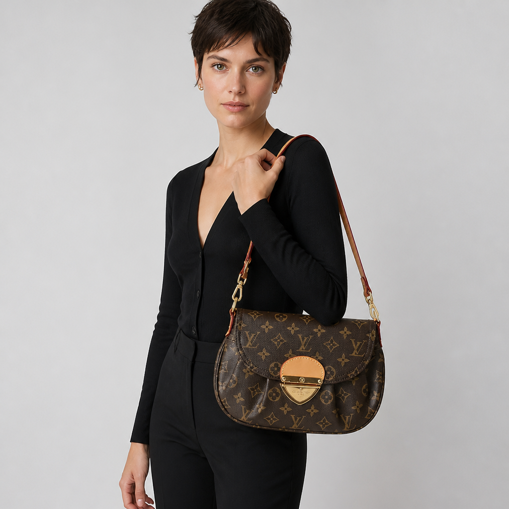Brown monogram with tan front tab — studio model photo.