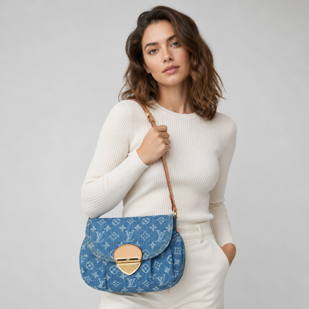 Light blue monogram denim — studio model photo.