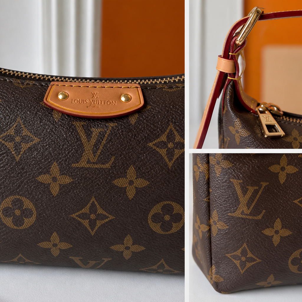 Brown monogram — close-up details of material, pattern and hardware.