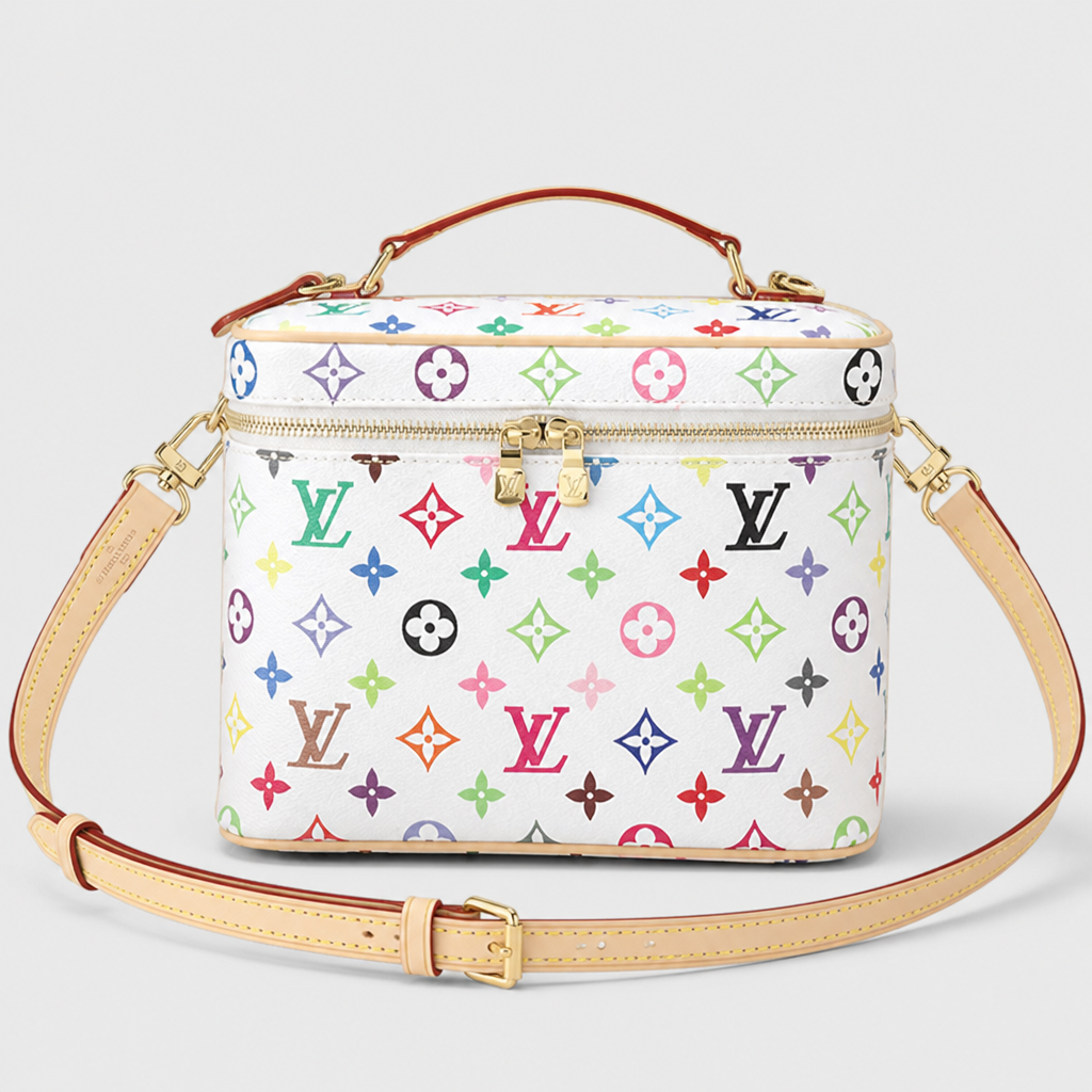 White multicolor monogram, pale trim — 9.4 × 5.5 × 2.8 in — front view.