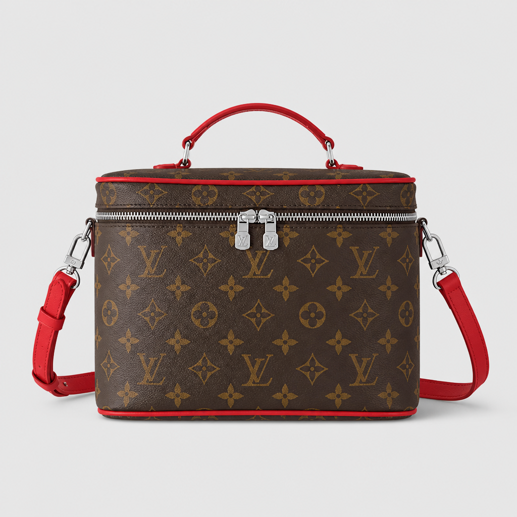 Brown monogram, red trim — 9.4 × 5.5 × 6.7 in — front view.