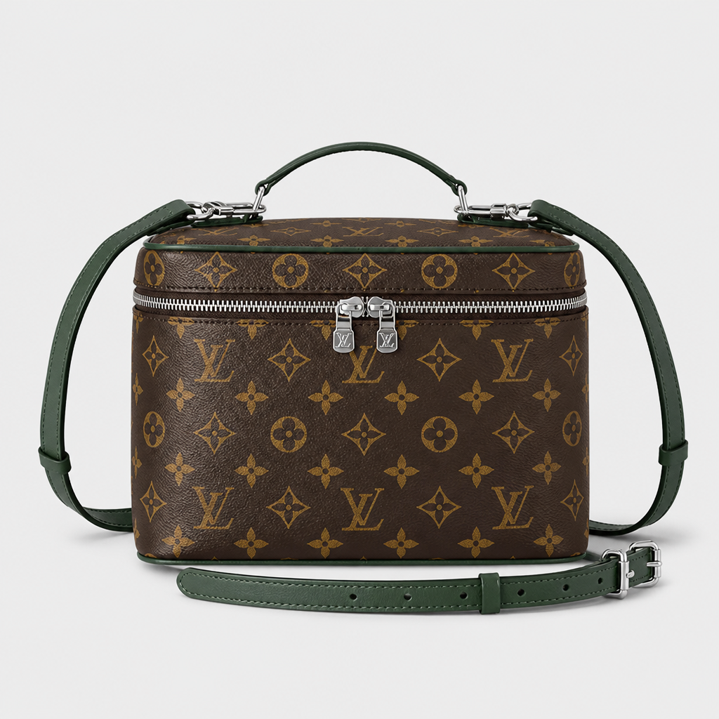 Brown monogram, dark green trim — 9.4 × 5.5 × 6.7 in — front view.
