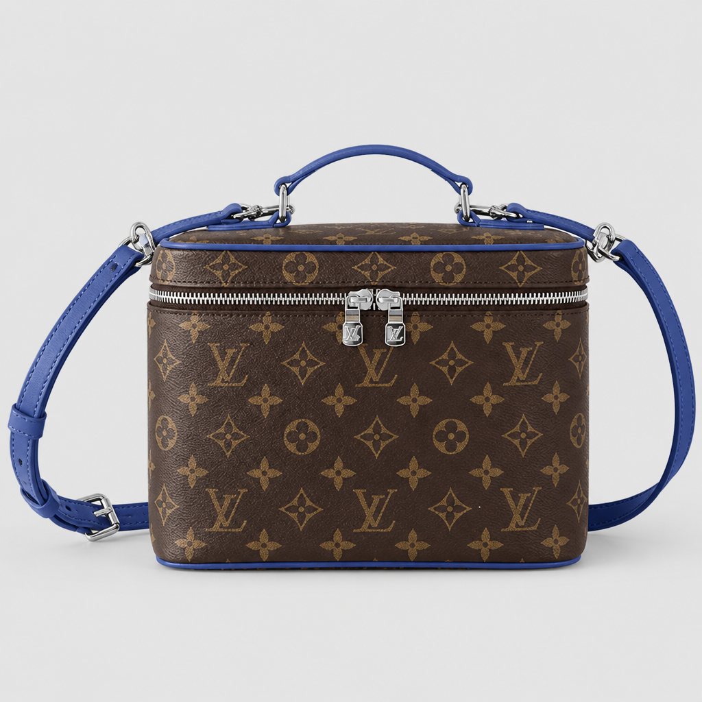 Brown monogram, blue trim — 9.4 × 5.5 × 6.7 in — front view.