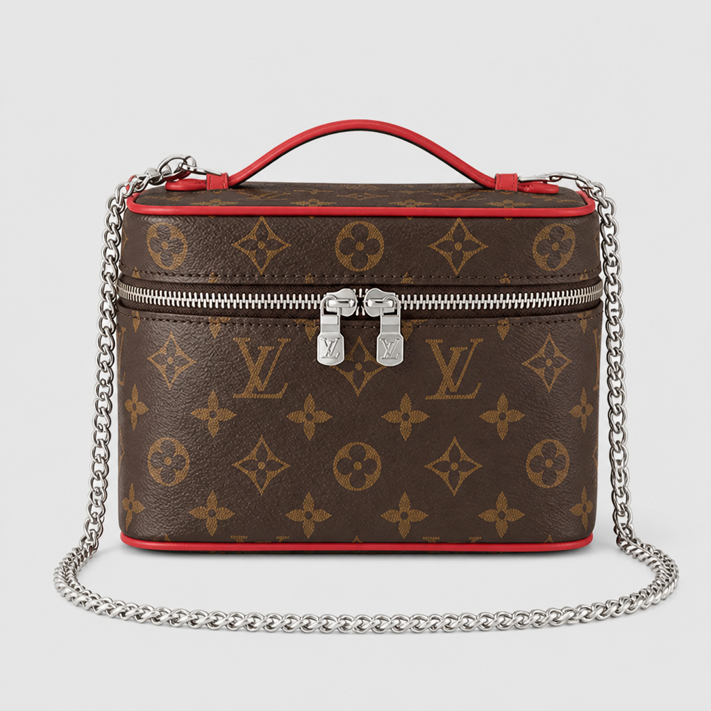 7.9 in Rounded — Brown Monogram, Red Trim — front view.