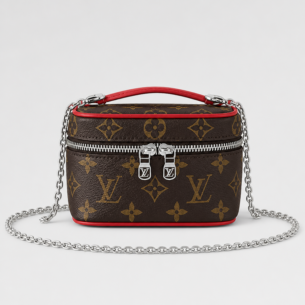 5.5 in Hard — Brown Monogram, Red Trim — front view.