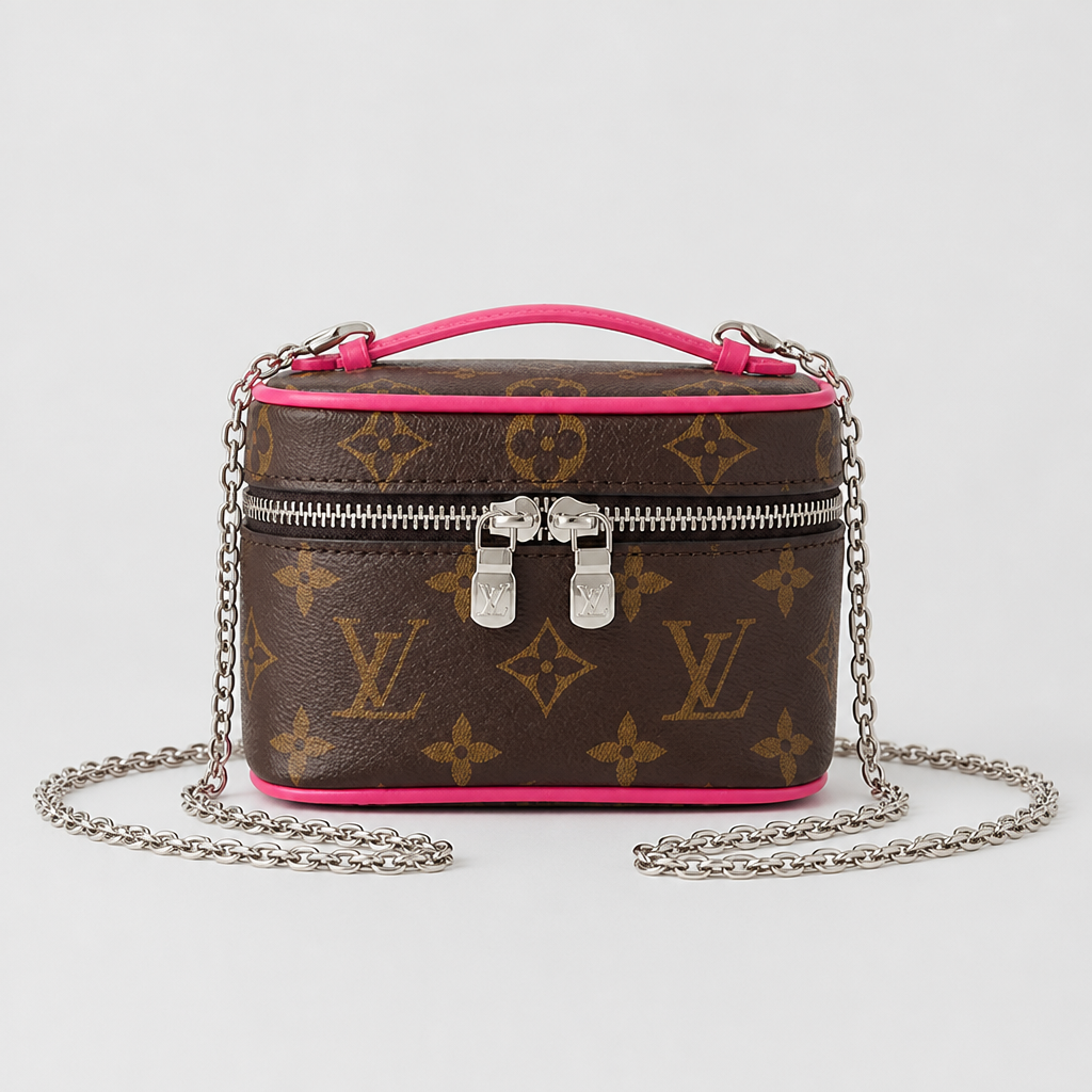 5.5 in Hard — Brown Monogram, Bright Pink Trim — front view.