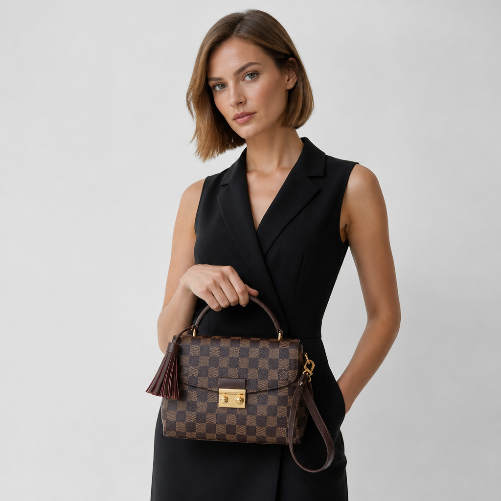 Dark brown checker — studio model photo.