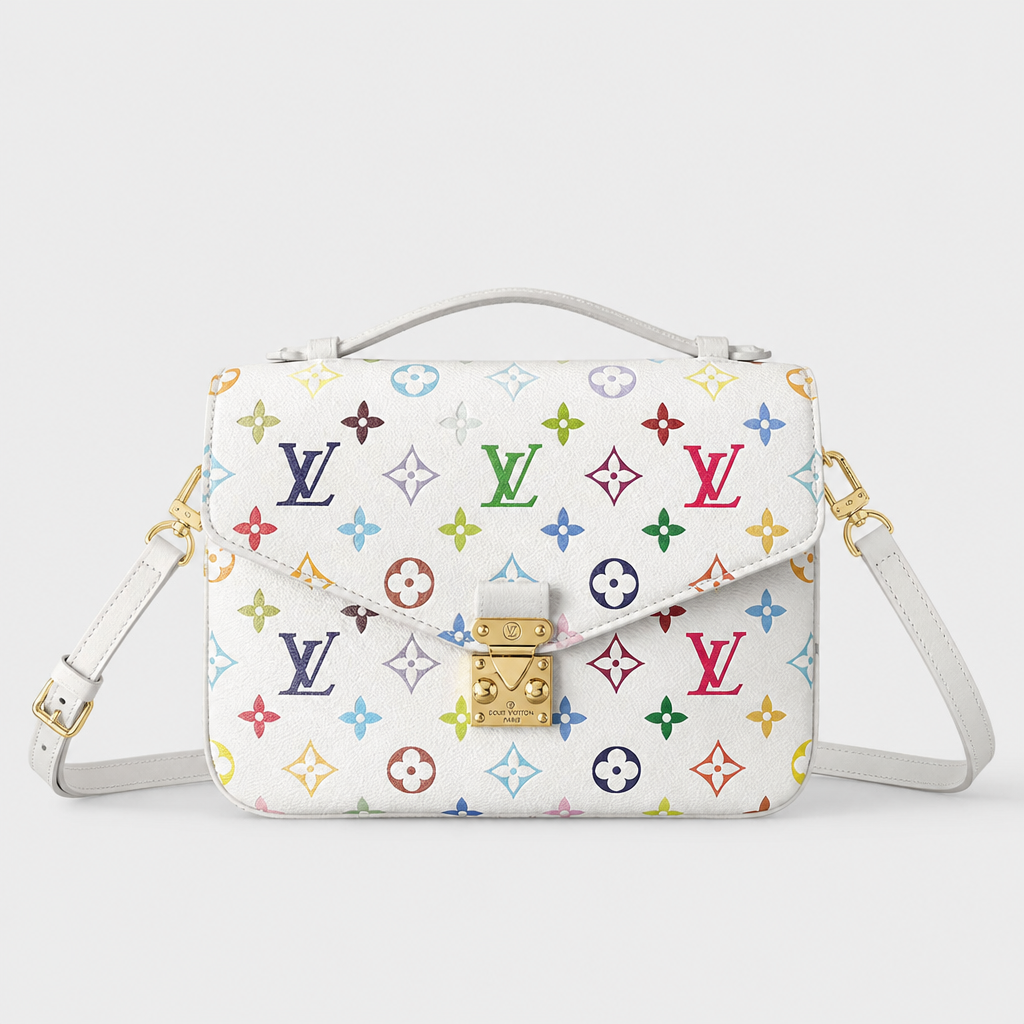 White multicolor motif, turn-lock, 2.8 in depth — front view.