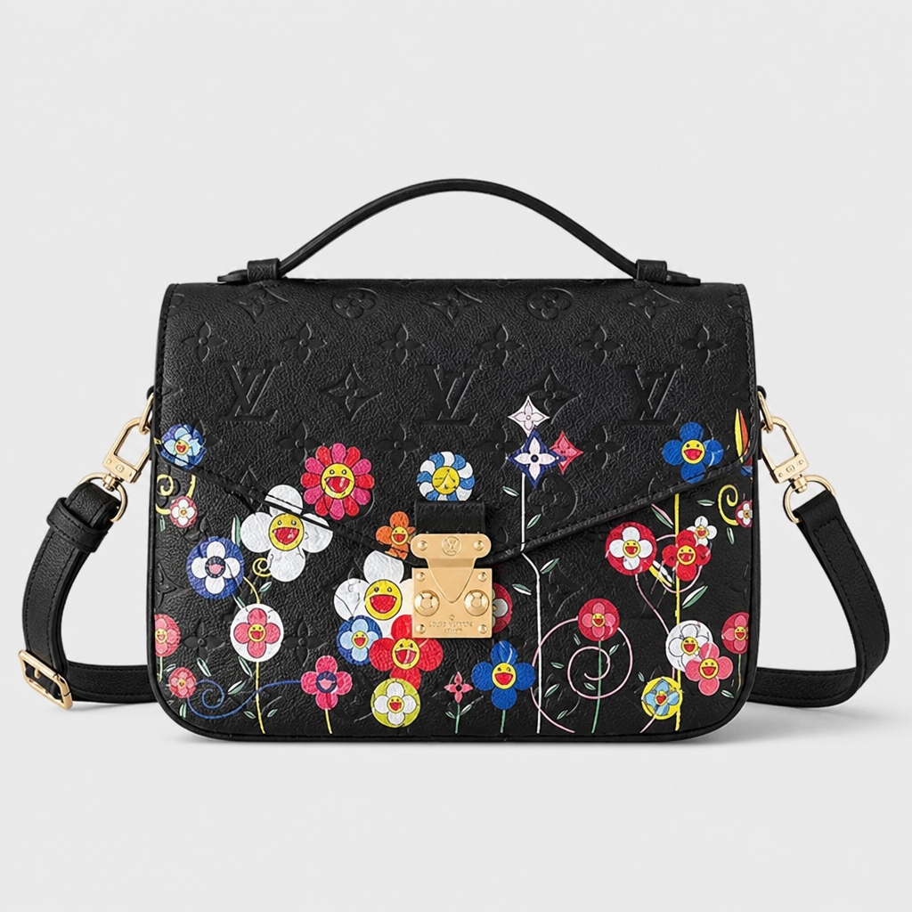 Black floral graphic, turn-lock, 3.5 in depth — front view.