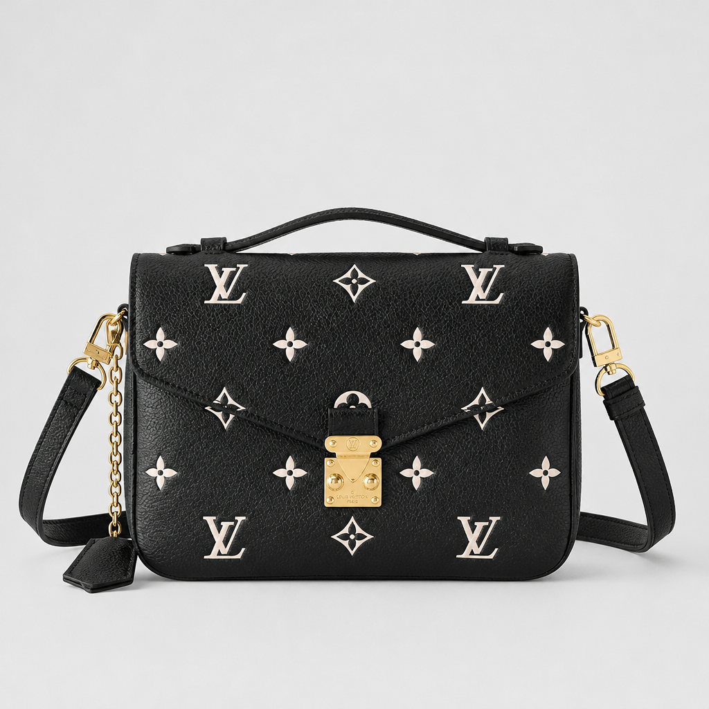 Black oversized white motif, turn-lock, 3.5 in depth — front view.