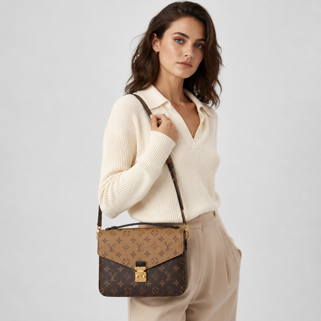 Tan/dark brown monogram, center clasp, 2.8 in depth — studio model photo.