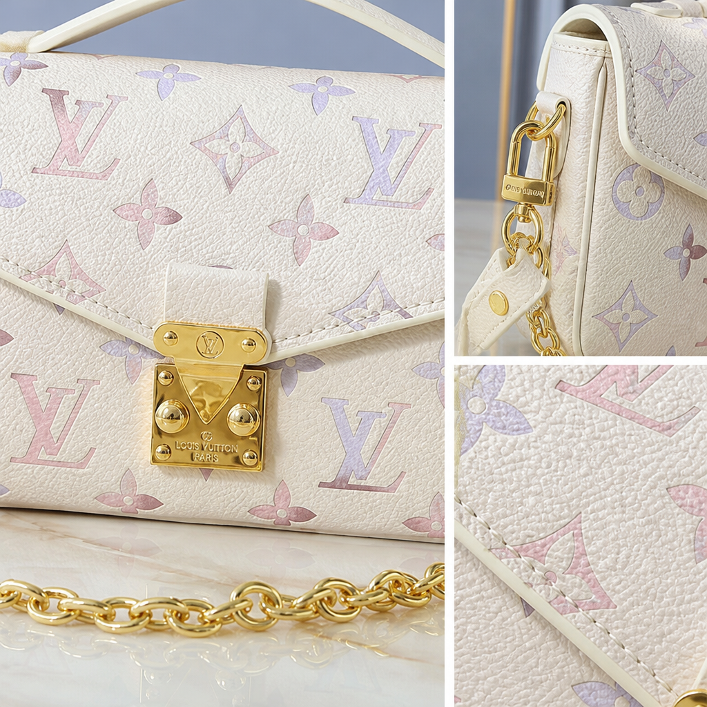 White pastel multicolor monogram — close-up details of material, pattern and hardware.