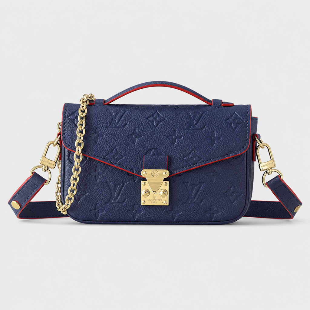 Navy embossed with red trim — front view.