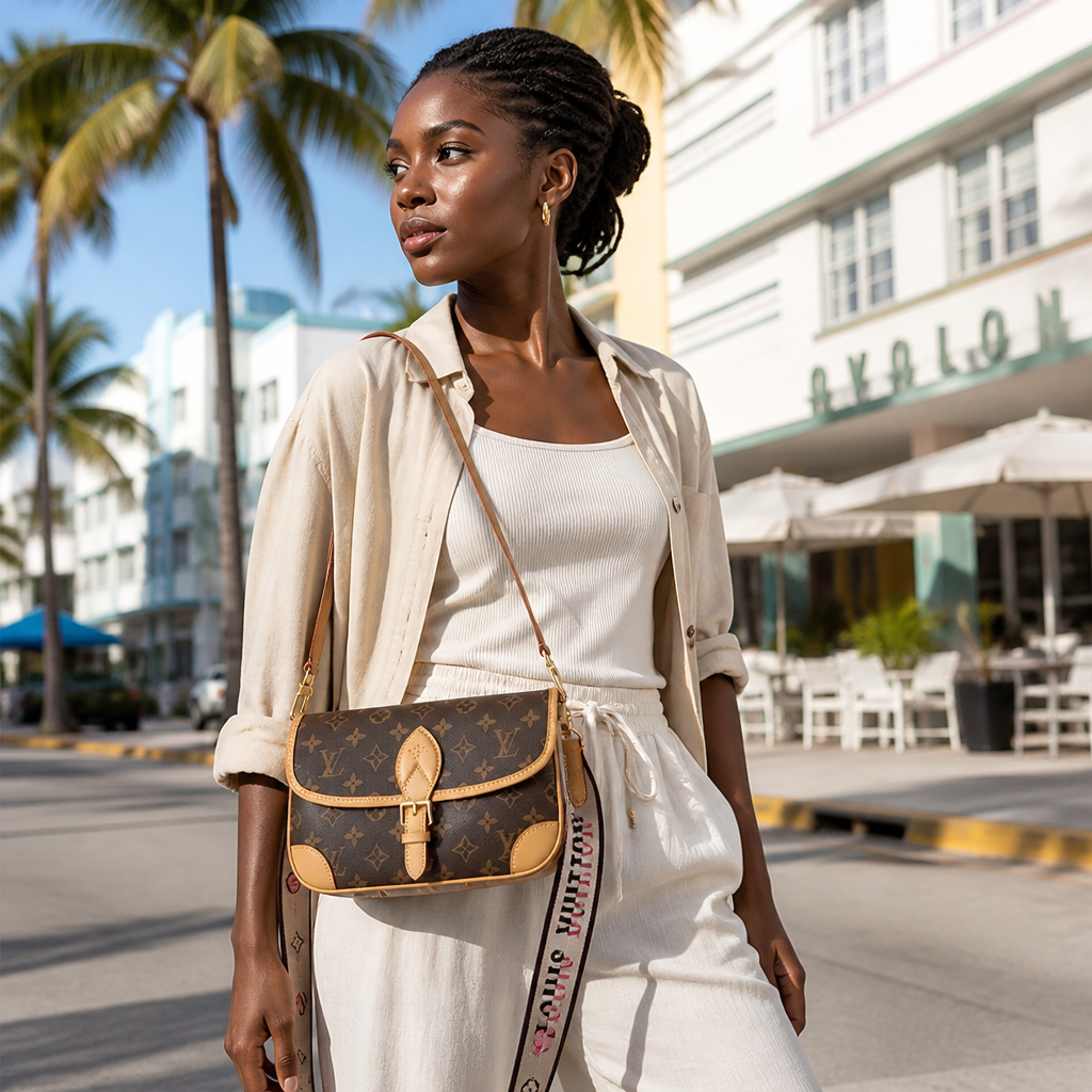 Brown monogram, beige printed strap — lifestyle photo in Miami.