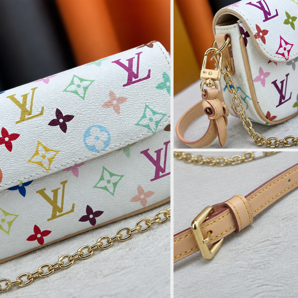 White multicolor monogram — close-up details of material, pattern and hardware.