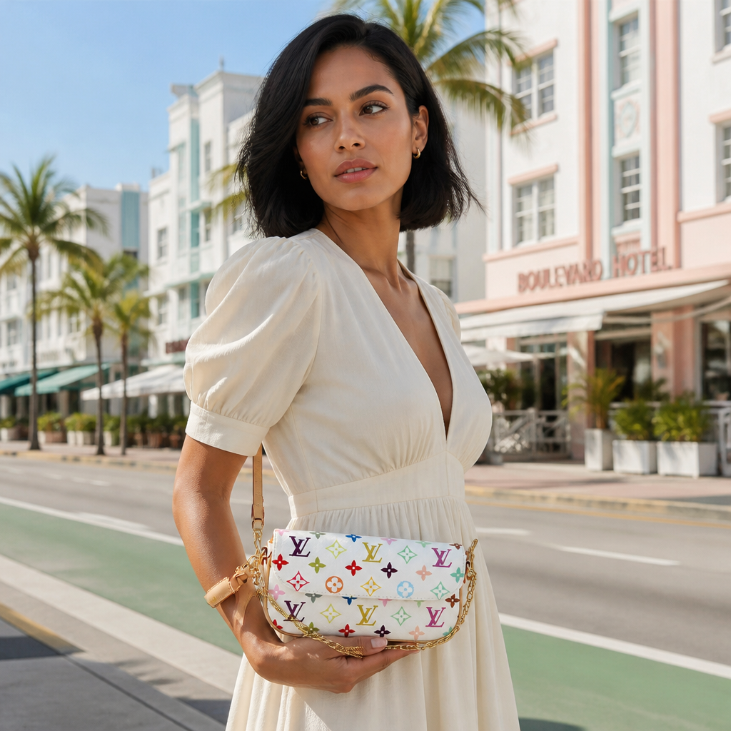 White multicolor monogram — lifestyle photo in Miami.