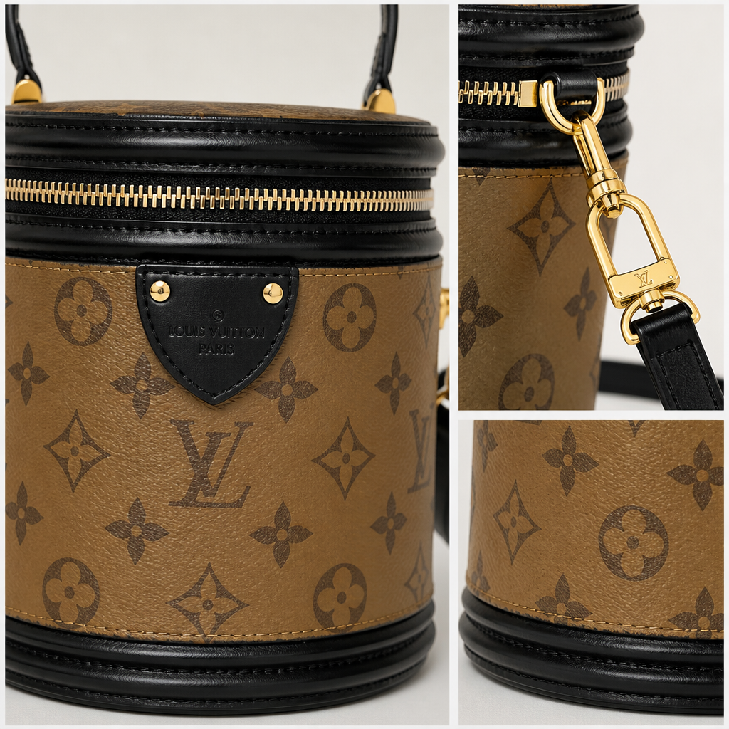 Brown monogram with black trim — close-up details of material, pattern and hardware.