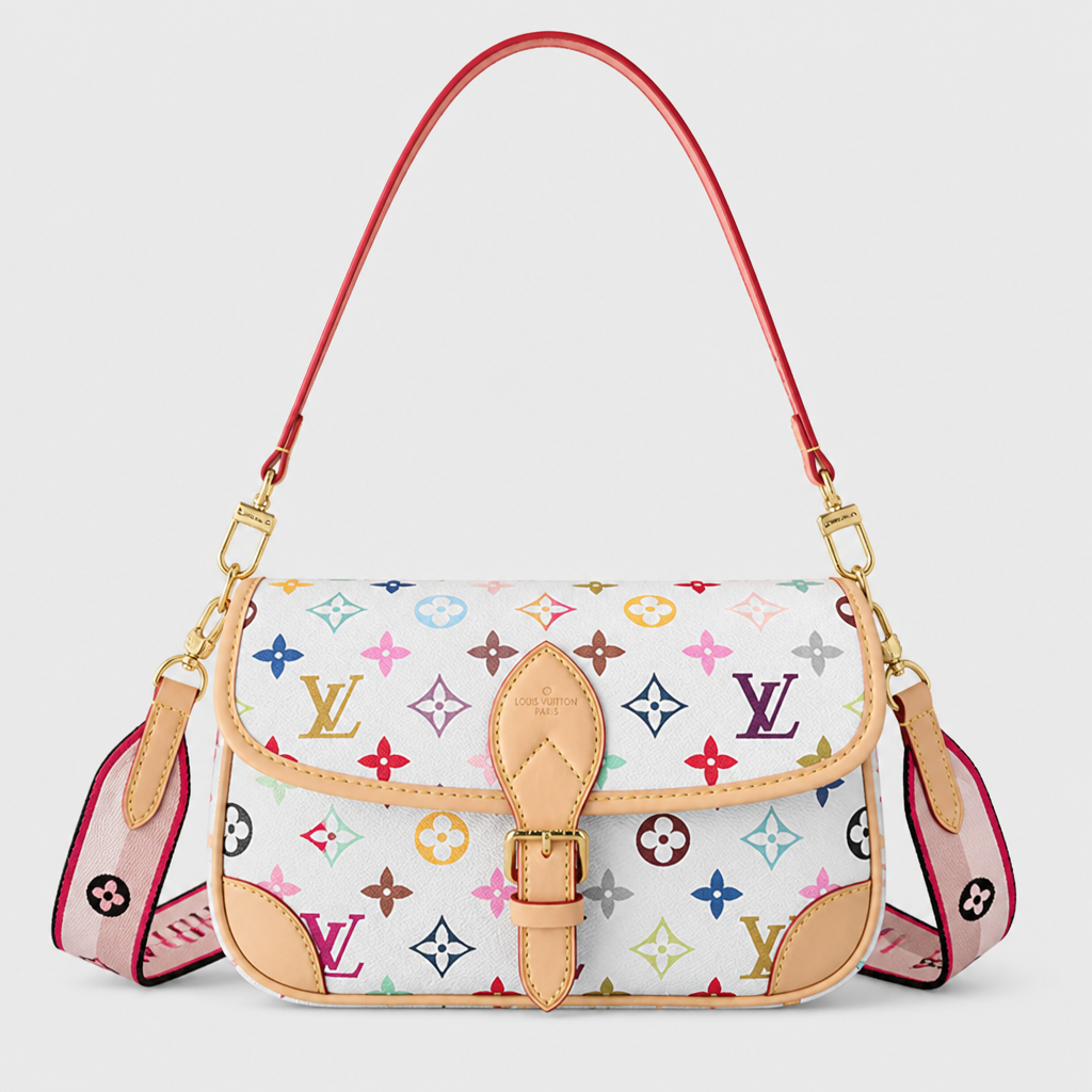 White multicolor with pink wide strap — front view.