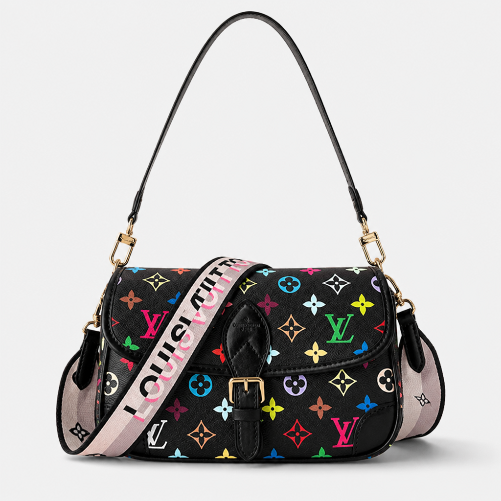 Black multicolor with pale pink strap — front view.