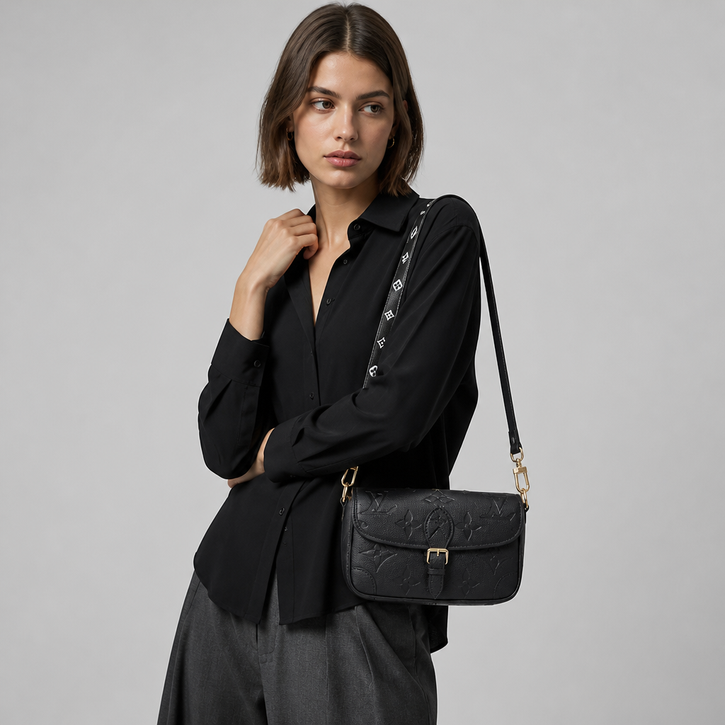 Charcoal embossed monogram — studio model photo.
