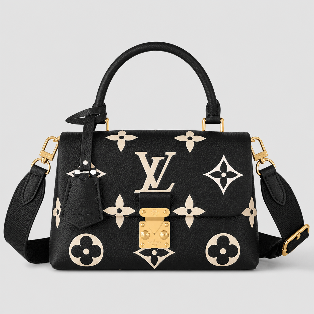 Medium black oversized cream motif, wide strap — front view.