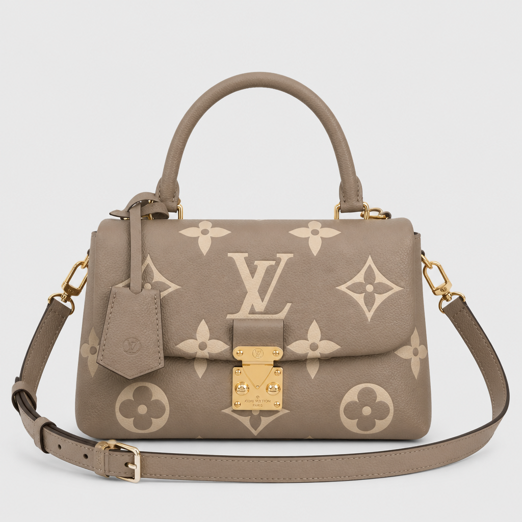 Medium taupe oversized cream motif, wide strap — front view.