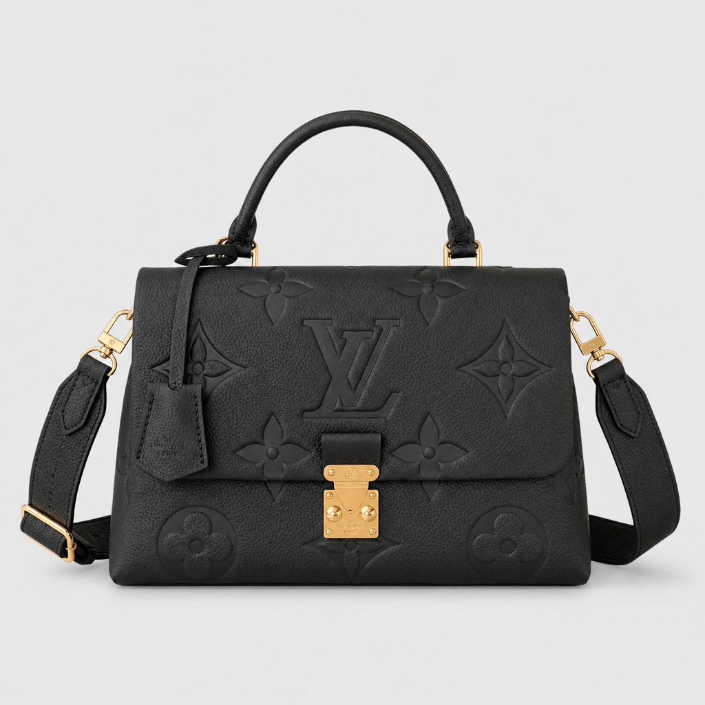 Large black embossed monogram, adjustable wide strap — front view.