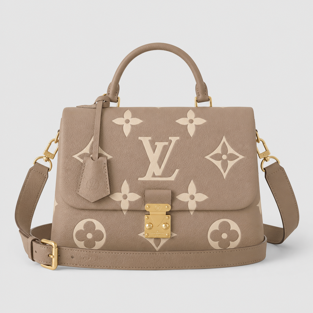 Large taupe oversized ivory motif, adjustable wide strap — front view.