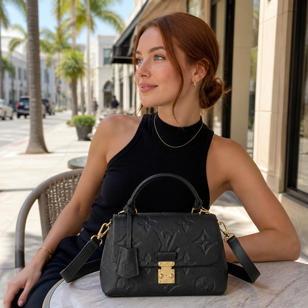 Medium black embossed monogram, wide strap — lifestyle photo in Los Angeles.