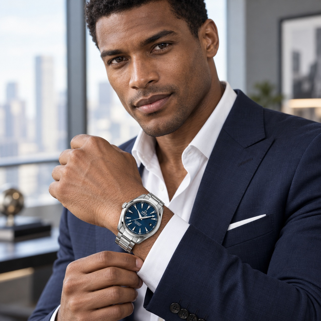 Arrow-Marker Round Date Watch worn by a male model in formal tailored styling