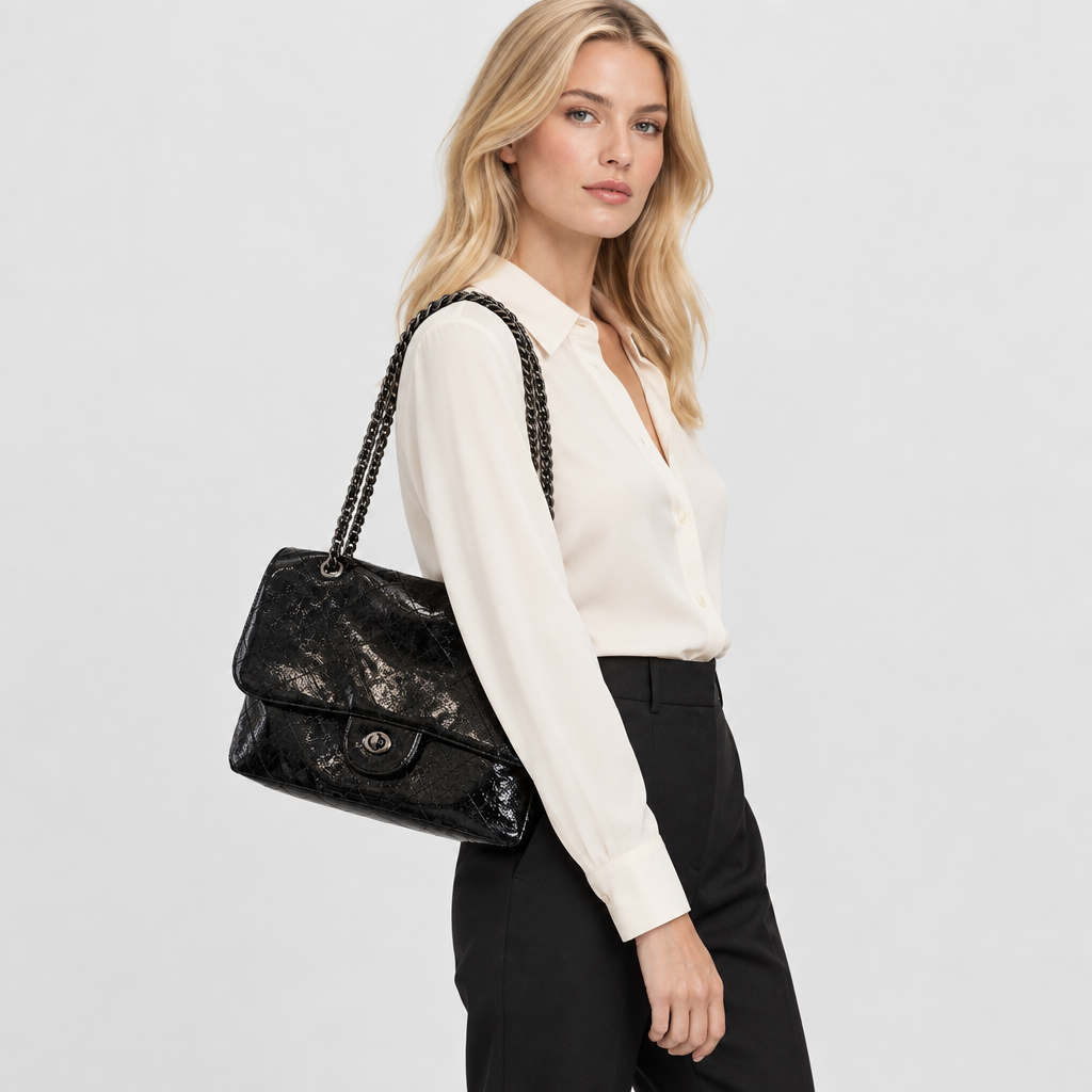 Glossy Crinkle Chain Flap Shoulder Bag — view 6
