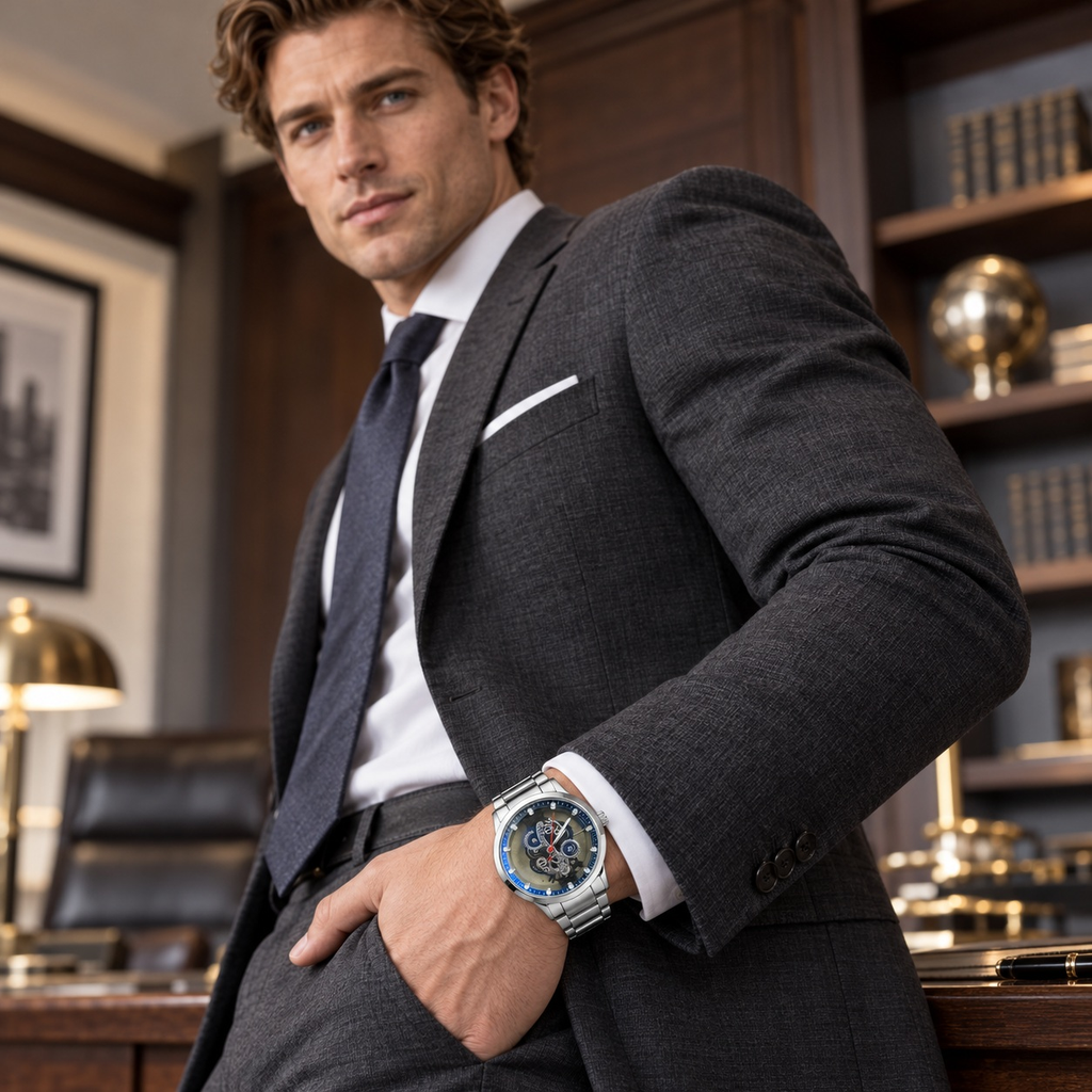 Skeleton Cushion Watch worn by a male model in formal tailored styling