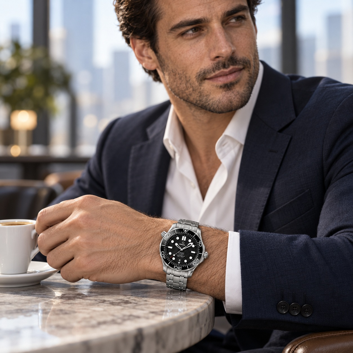 Wave-Pattern Round Bezel Watch worn by a male model in formal tailored styling