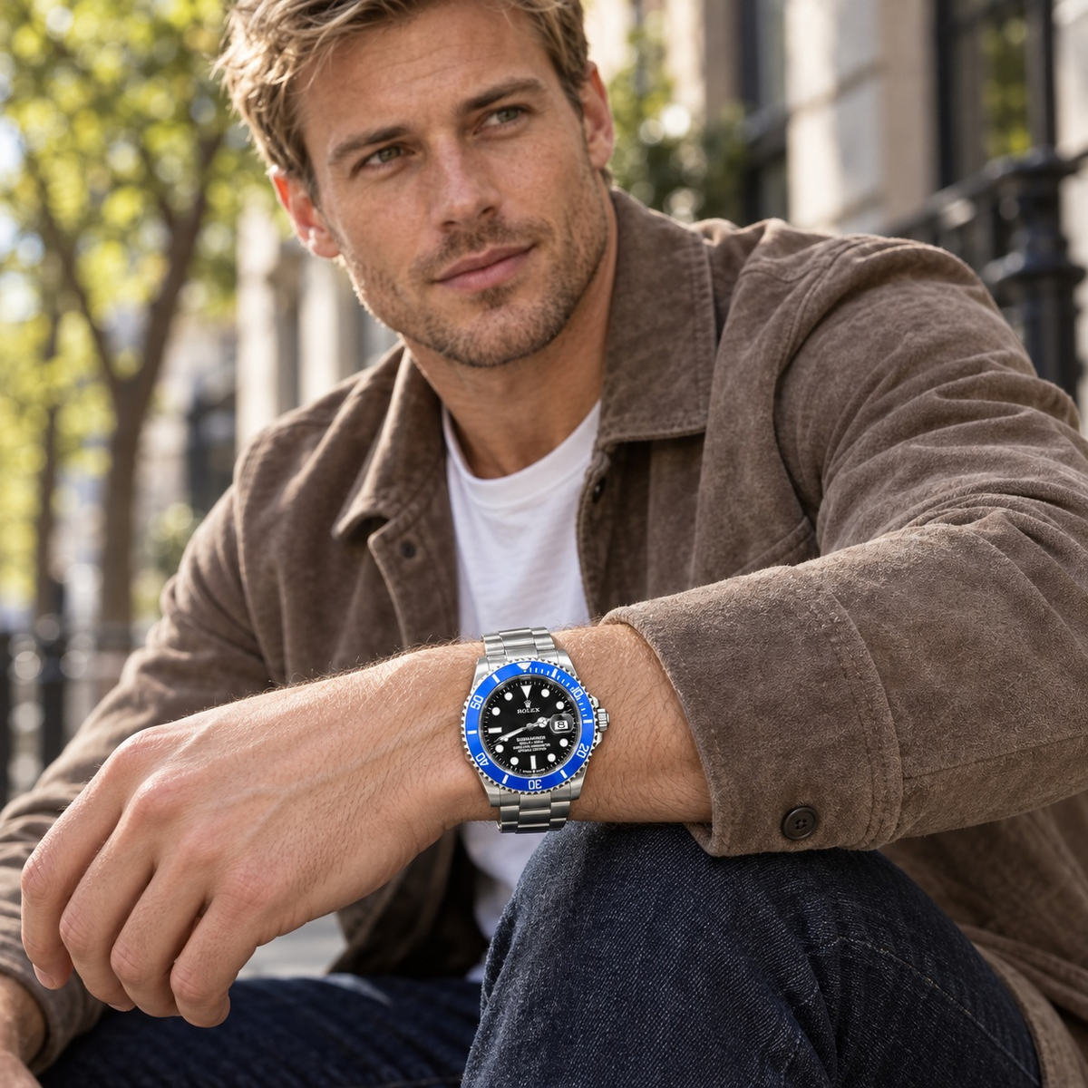 Bold-Color Round Bezel Watch worn by a male model in a relaxed casual setting