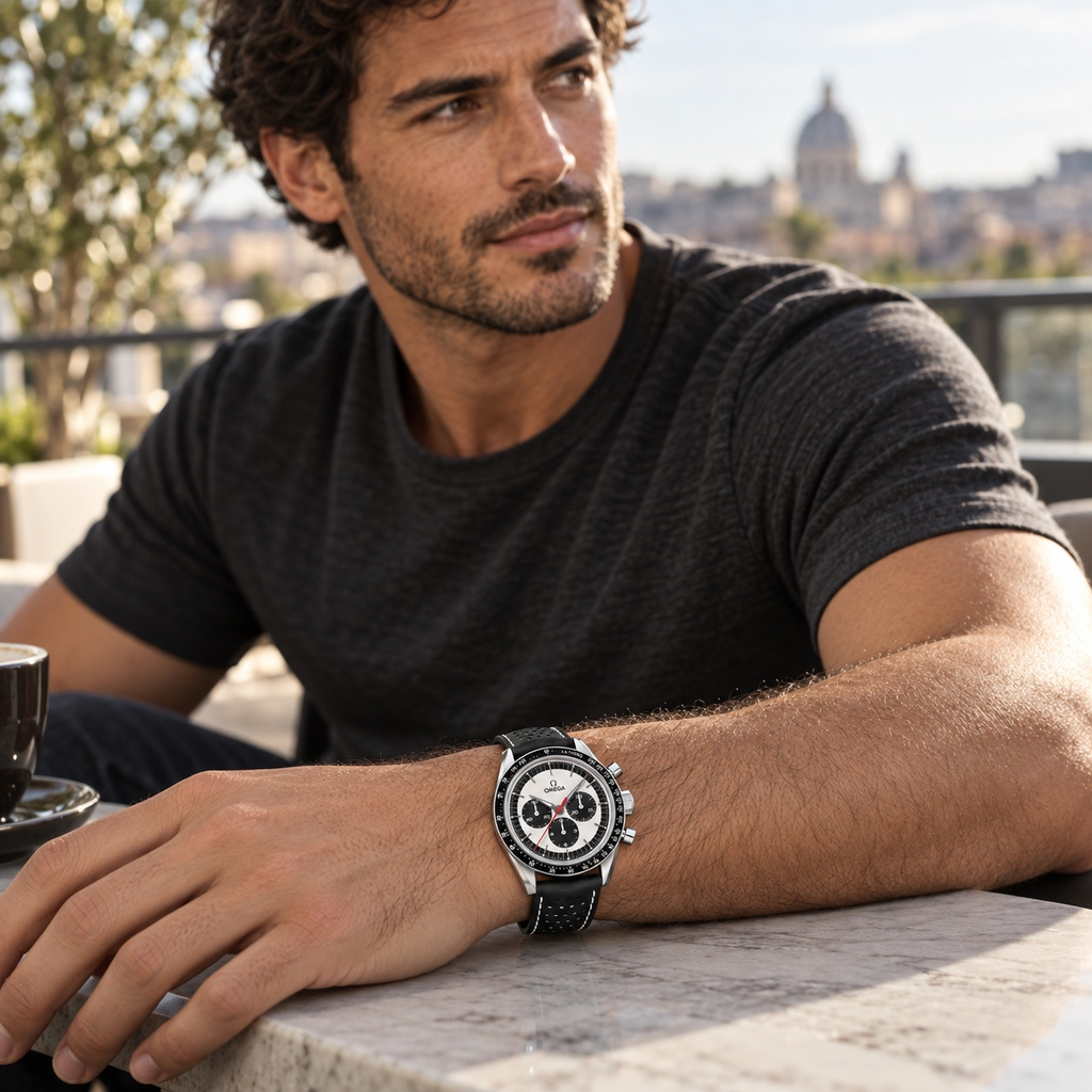 Polished Three-Register Chronograph worn by a male model in a relaxed casual setting