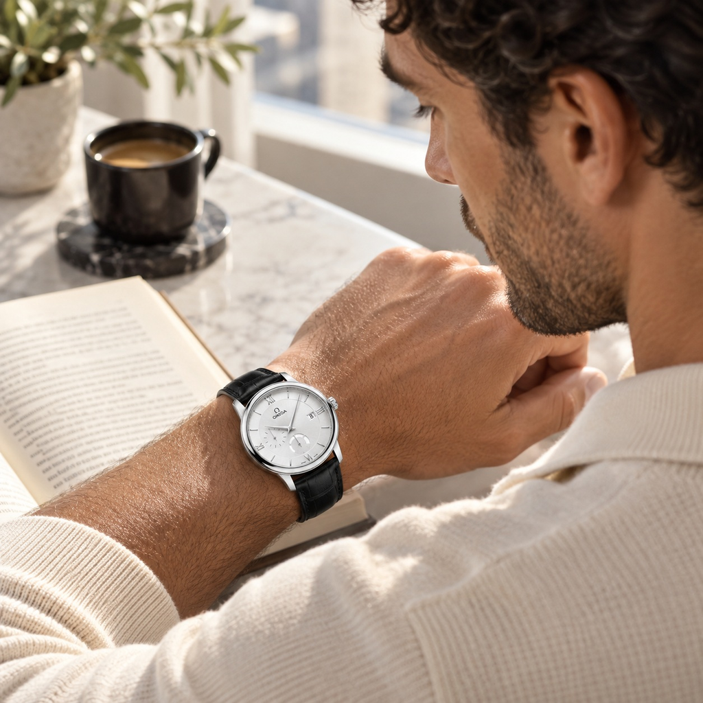 Small-Seconds Dress Watch worn by a male model in a relaxed casual setting